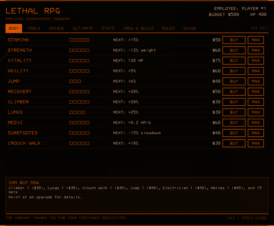 The skill menu (K) in orbit: Stamina is bought twice, then to its maximum, and the budget drops