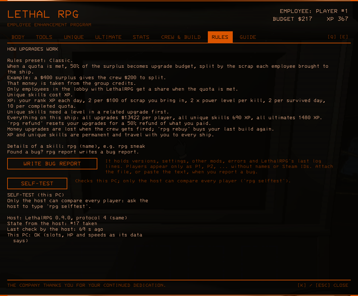 The RULES tab after a self-test: both players OK