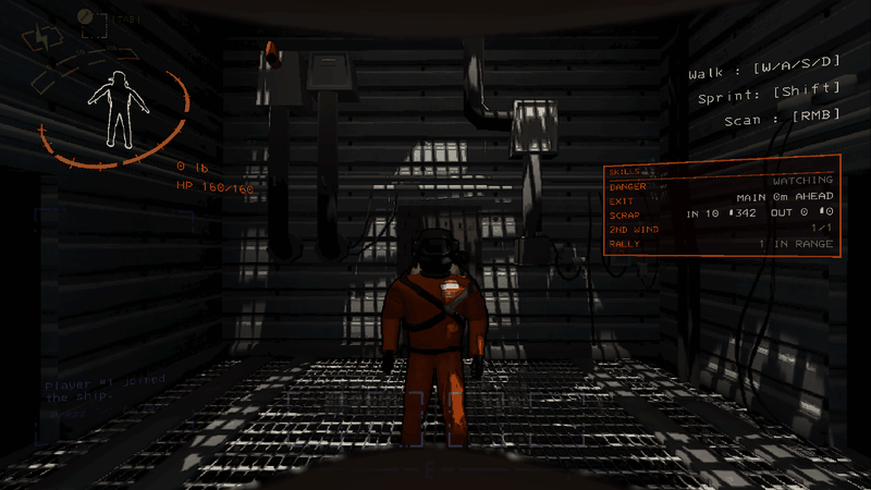 Inside the facility: the skill box on the right updates while the player walks and turns (Danger Sense, Exit, Scrap, Second Wind, Rally)