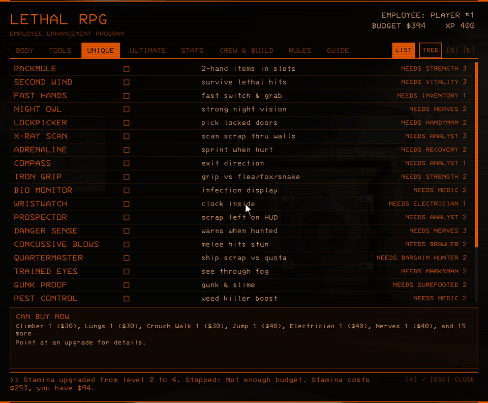 The skill tree on the UNIQUE tab: Nerves is raised to 3 and Danger Sense is learned; a click frames a skill white, what it unlocks green and what it needs blue