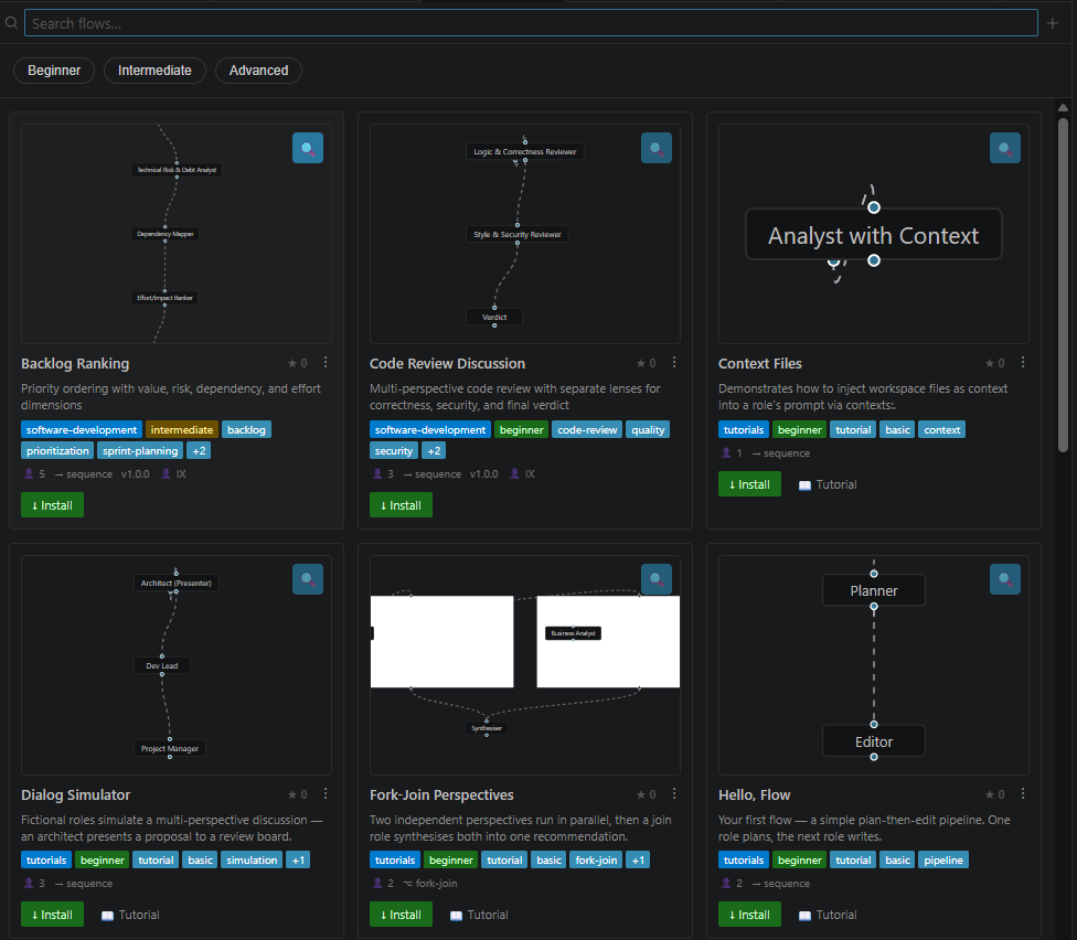 Flow gallery showing built-in planning flows