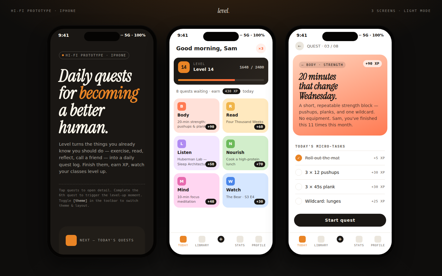 Gamified habit-tracking mobile app, three phone frames