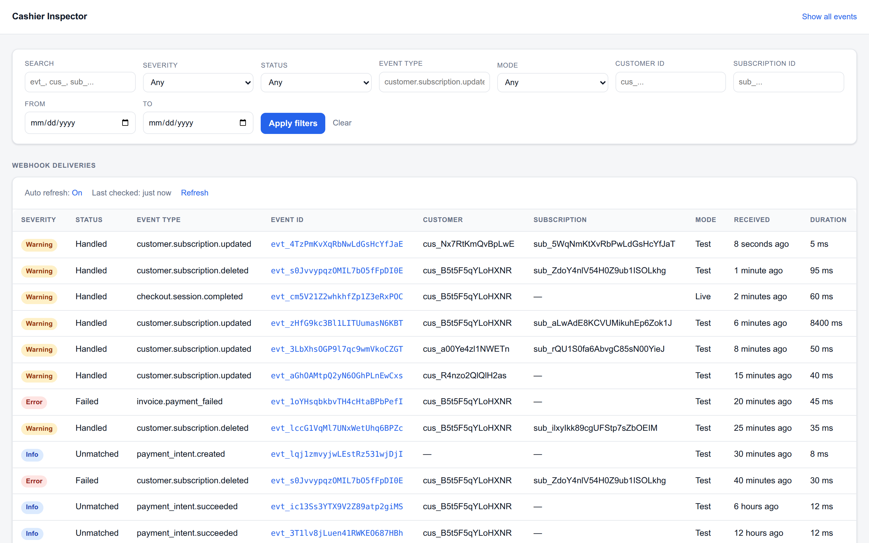 The Cashier Inspector dashboard listing webhook deliveries with severity badges, status, event type, customer and duration
