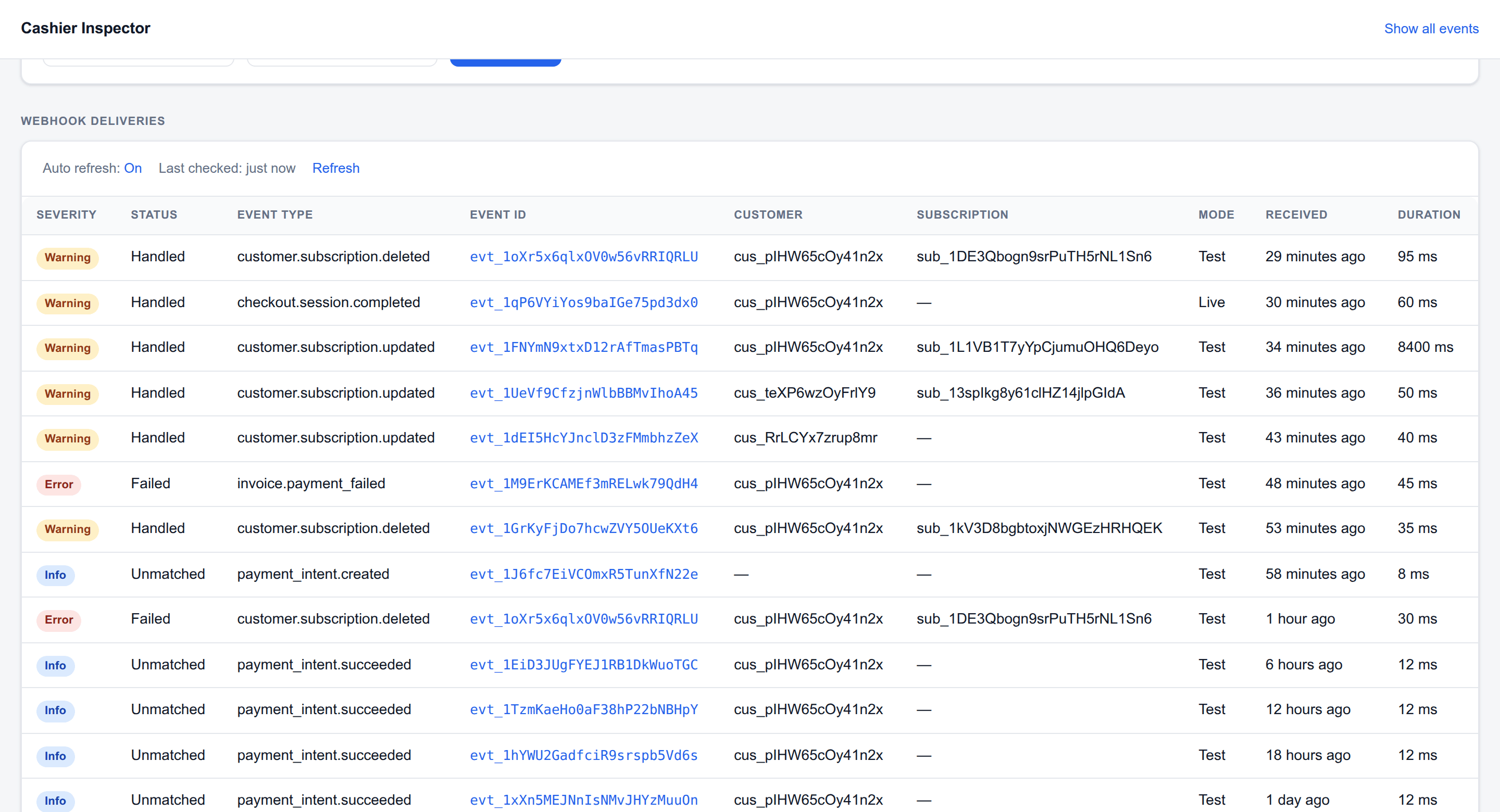 The dashboard announcing three new events in a banner, which are loaded into the list when clicked