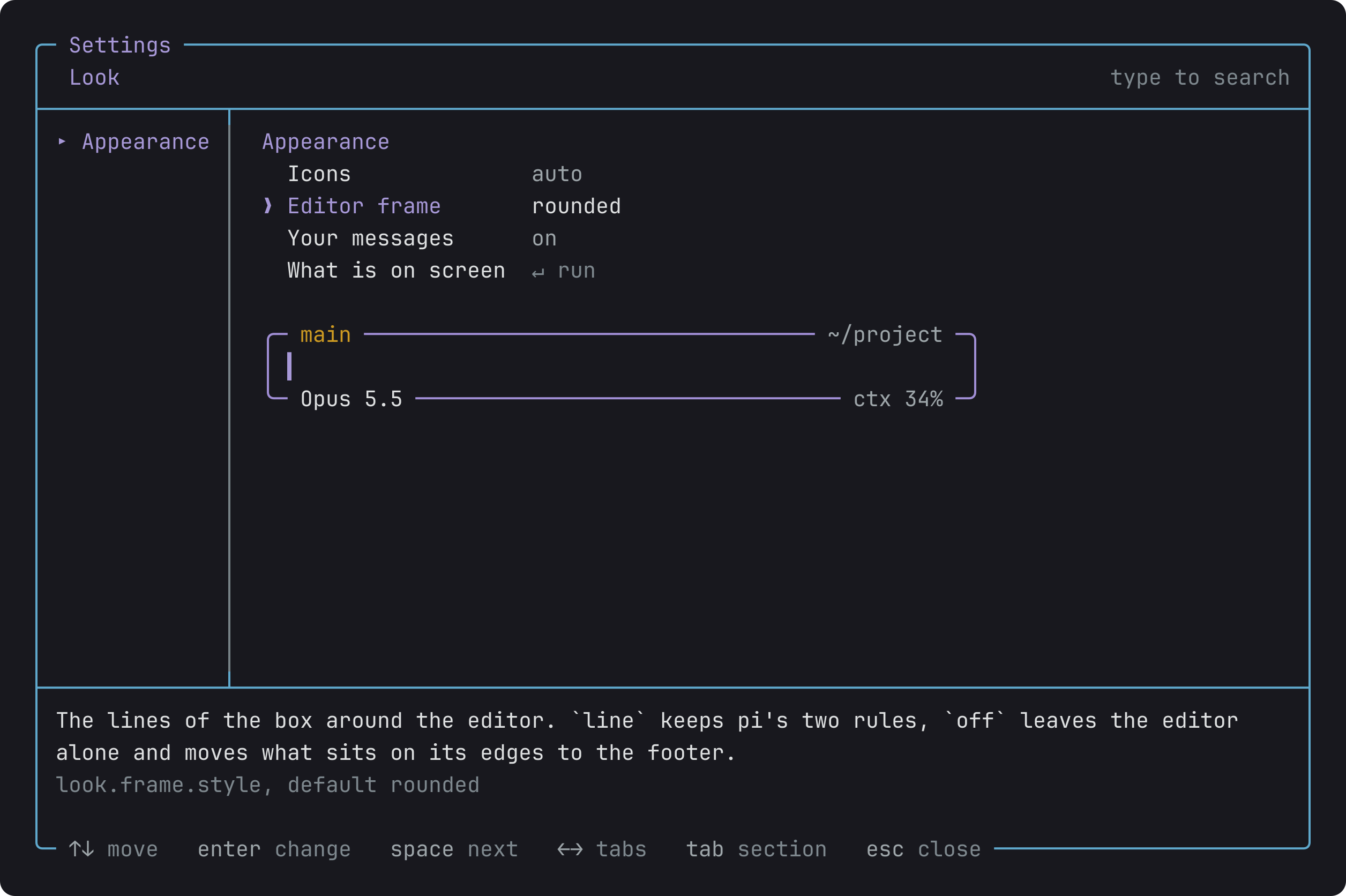 The settings screen in a frame, titled Settings. The Look tab holds Appearance, Your messages and What is on screen, with Editor frame selected. Under the list, the preview draws the editor's rounded frame with main on the top edge, the folder on the right, the model on the bottom edge and the context on the right. Below, the setting's name and default, and the keys along the bottom edge.