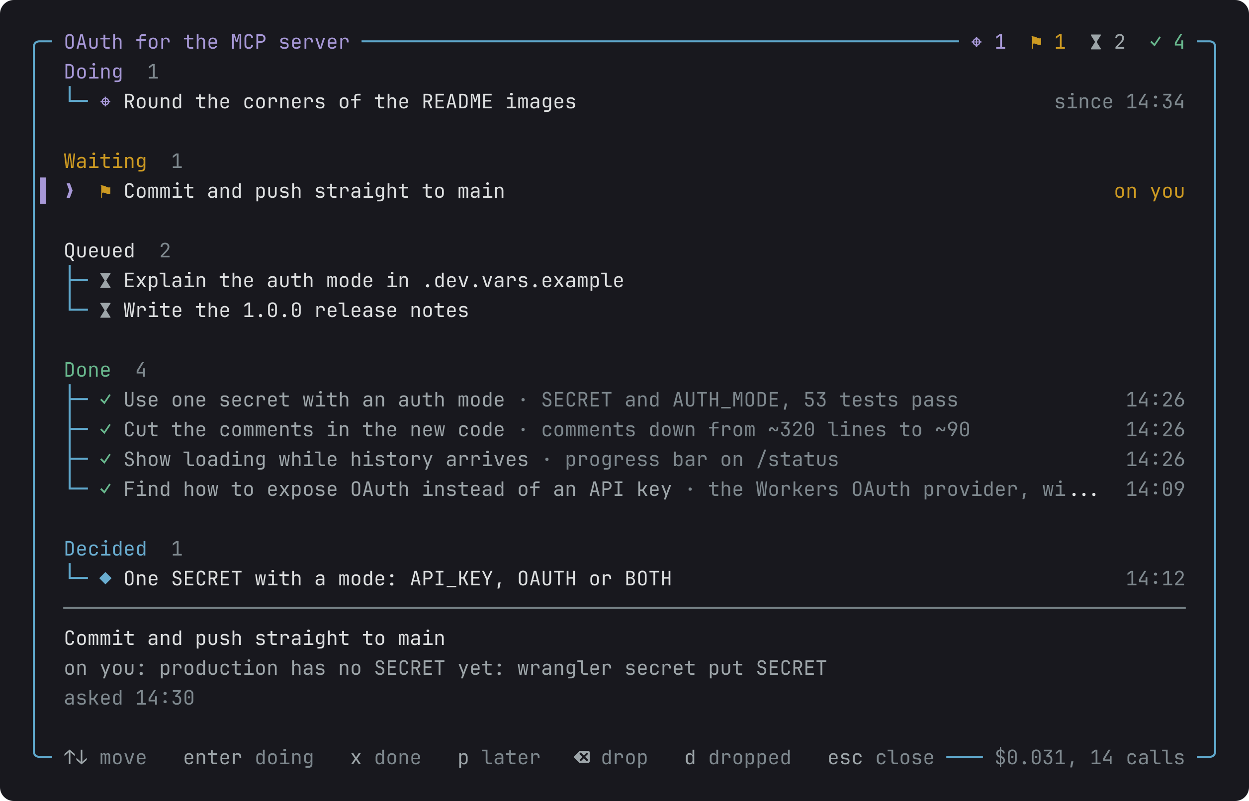 The session's tasks over the chat: the session as the title, one task under way, one waiting on you with the cursor on it, two queued, four done with the time each finished, one decision, and a pane with the selected task's reason.