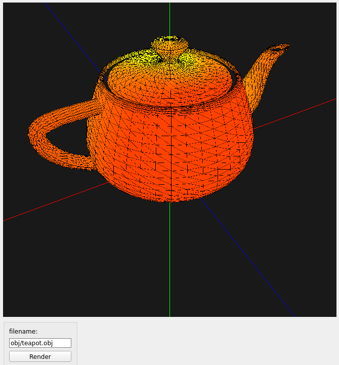 Classic teapot model displayed with wireframe and coordinate axises