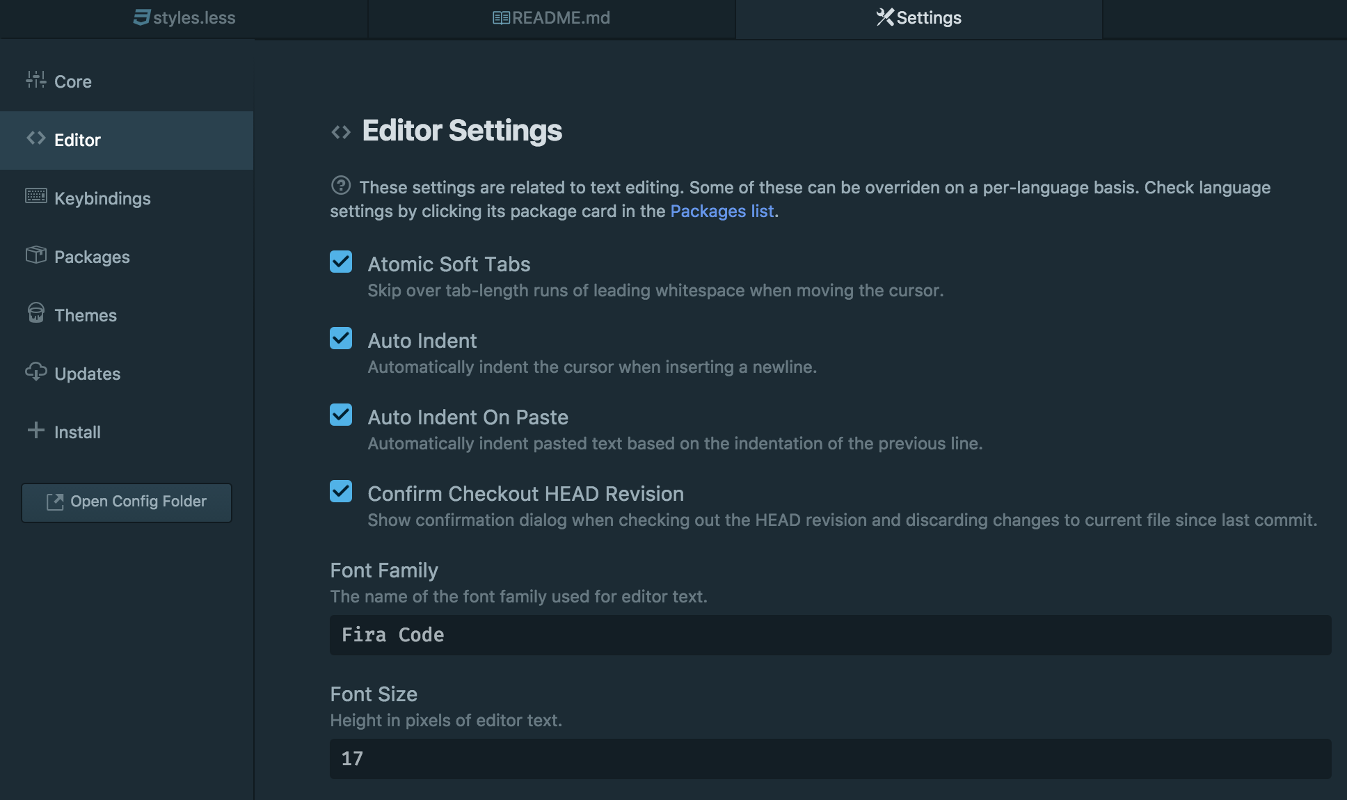 Screenshot of editor settings