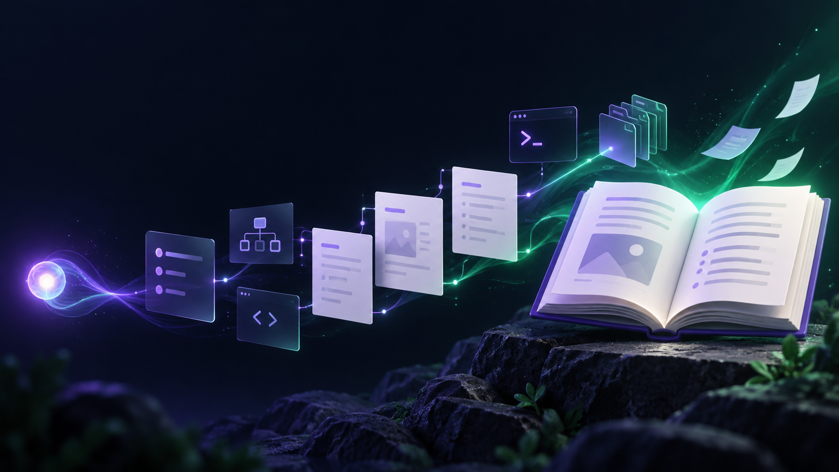 Book Genesis workflow: an idea moving through files, skills, and an open book
