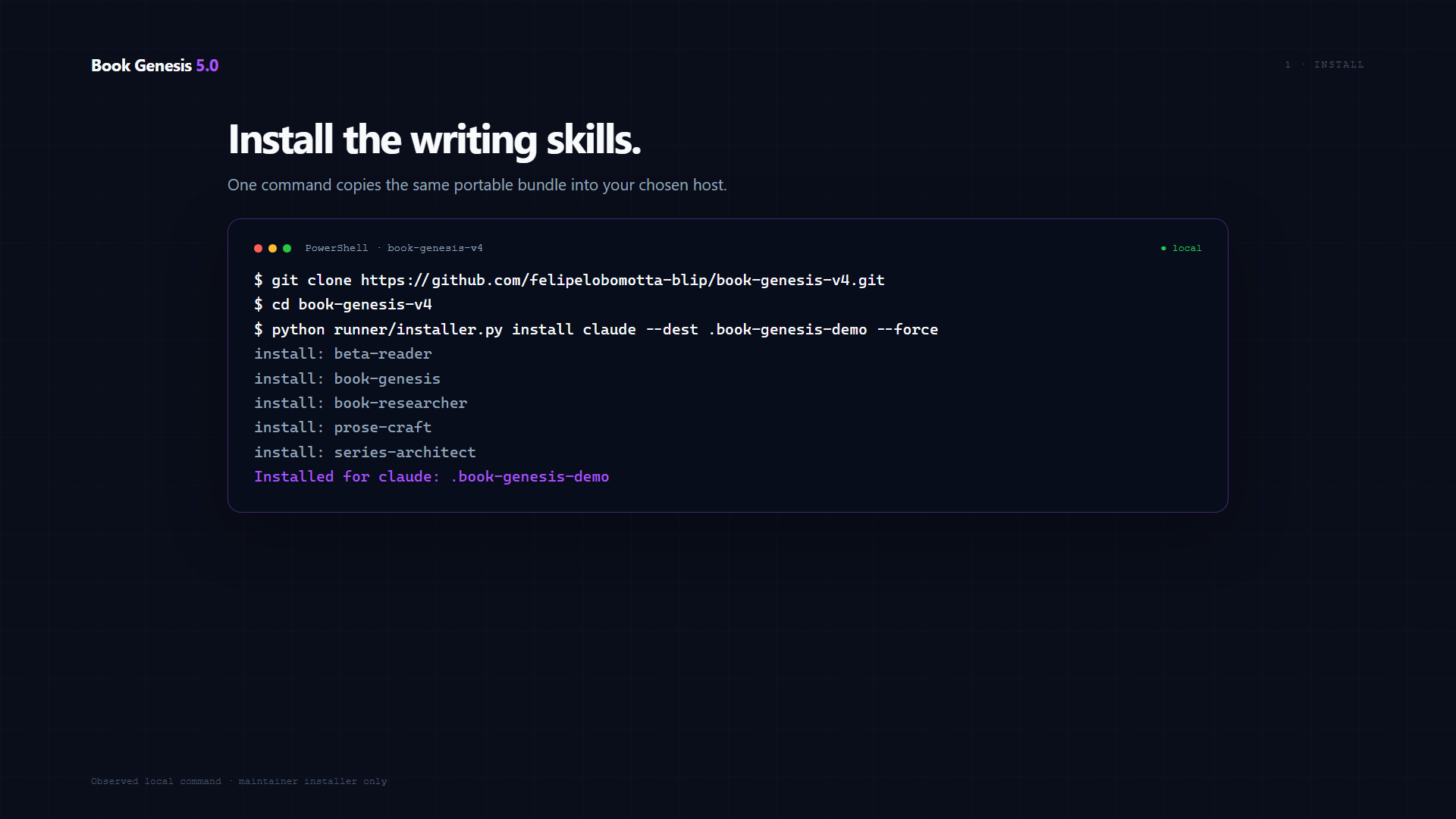 Installing the Book Genesis skills with the maintainer installer