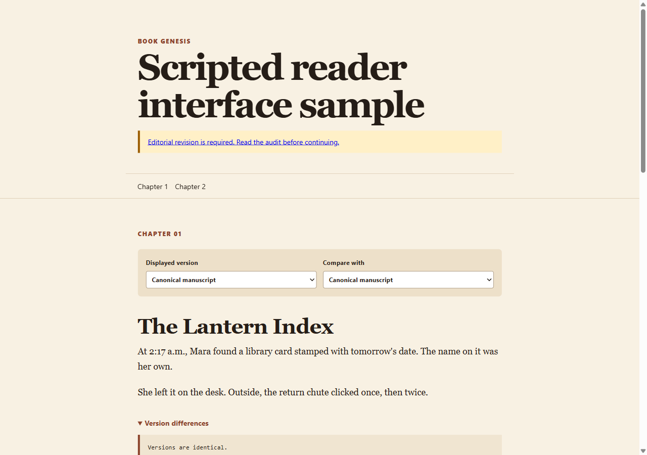 Actual local reader displaying a scripted English interface sample