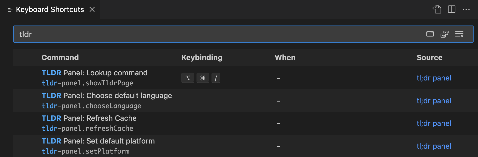 TLDR Panel keybidings