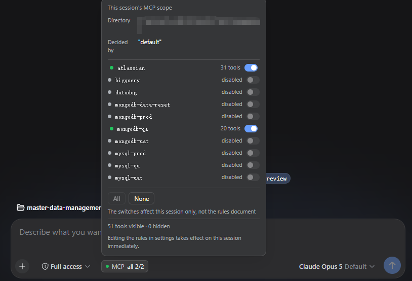 The MCP scope pill in the composer, with a per-server switch for this session