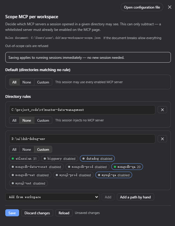 The rules editor: a default row, one directory denied every server, one with a custom pick
