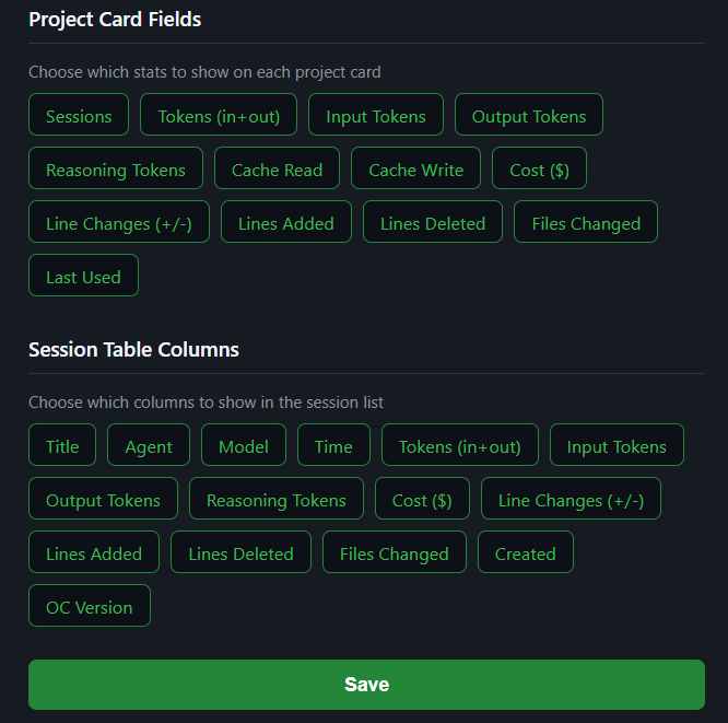 Customize project card fields and session table columns
