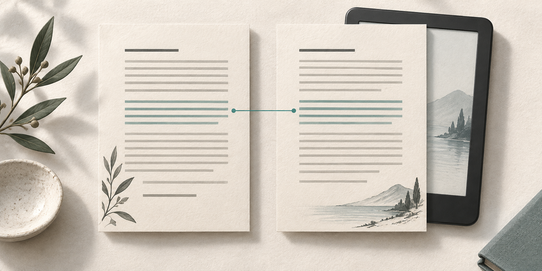 Concept illustration of aligned original and translated paragraphs beside an e-reader