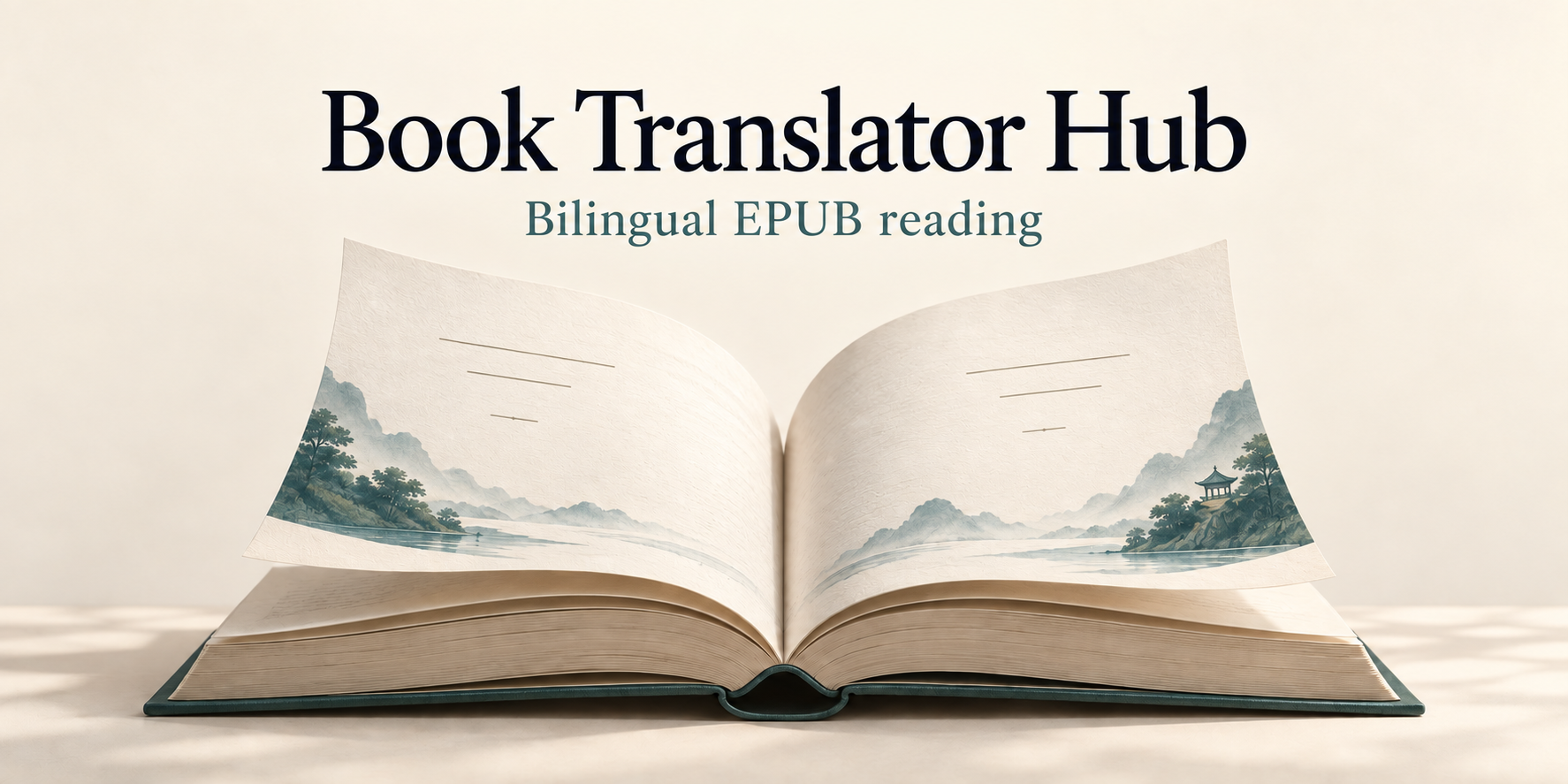 Book Translator Hub — bilingual EPUB reading, illustrated by an open book