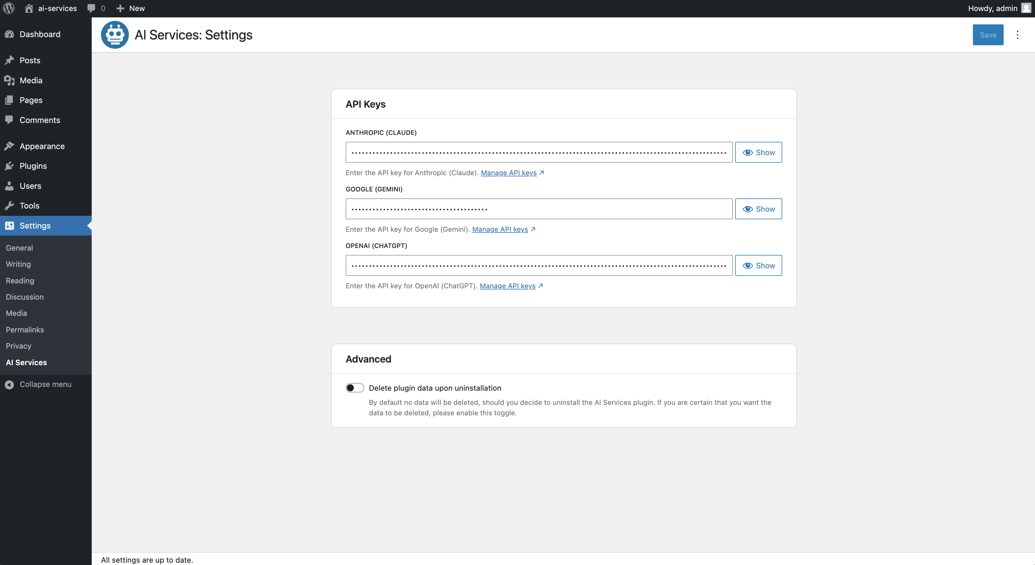 The AI Services settings screen where users can paste their AI service credentials