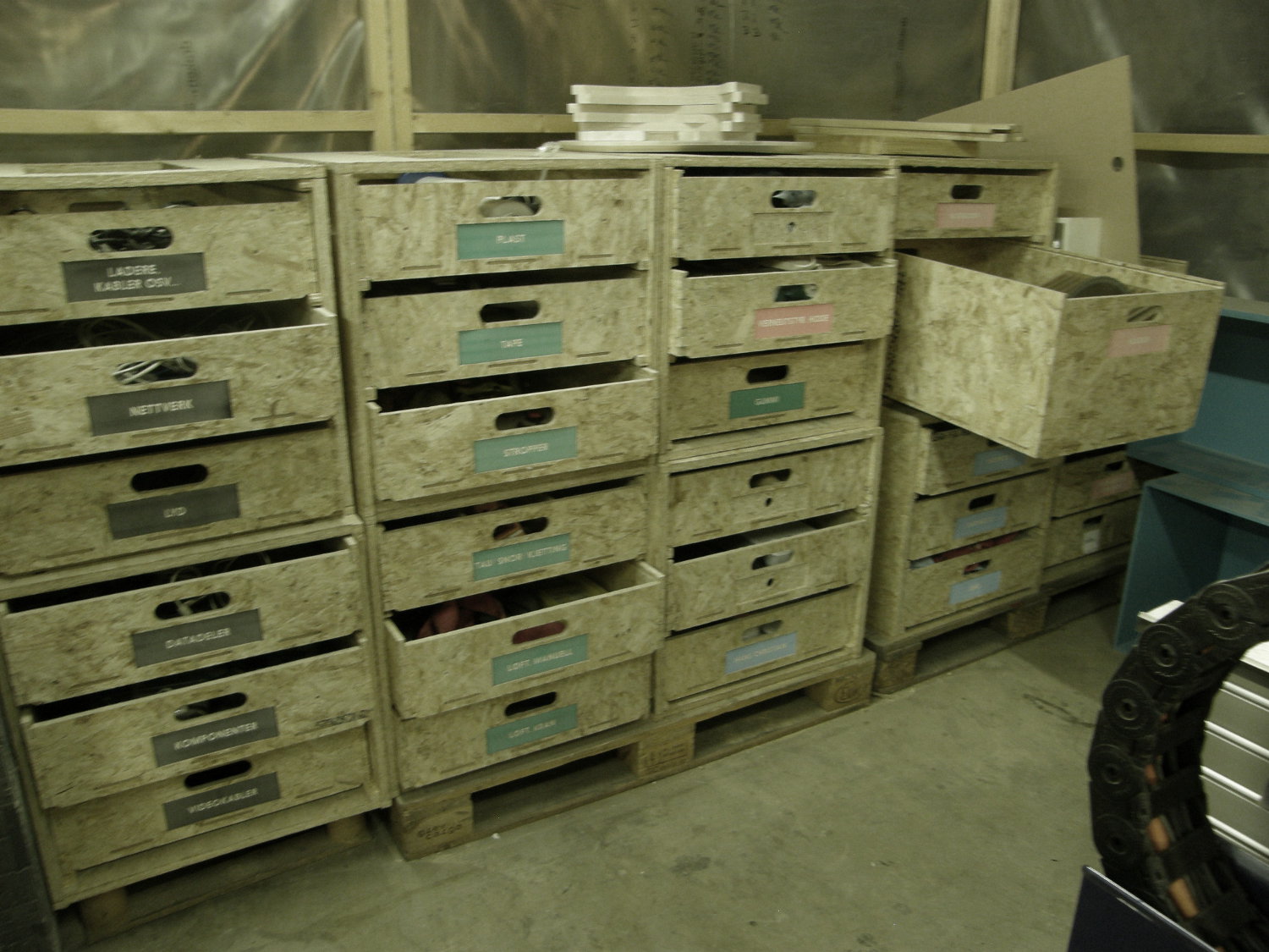 Storage shelves at Fellesverkstedet