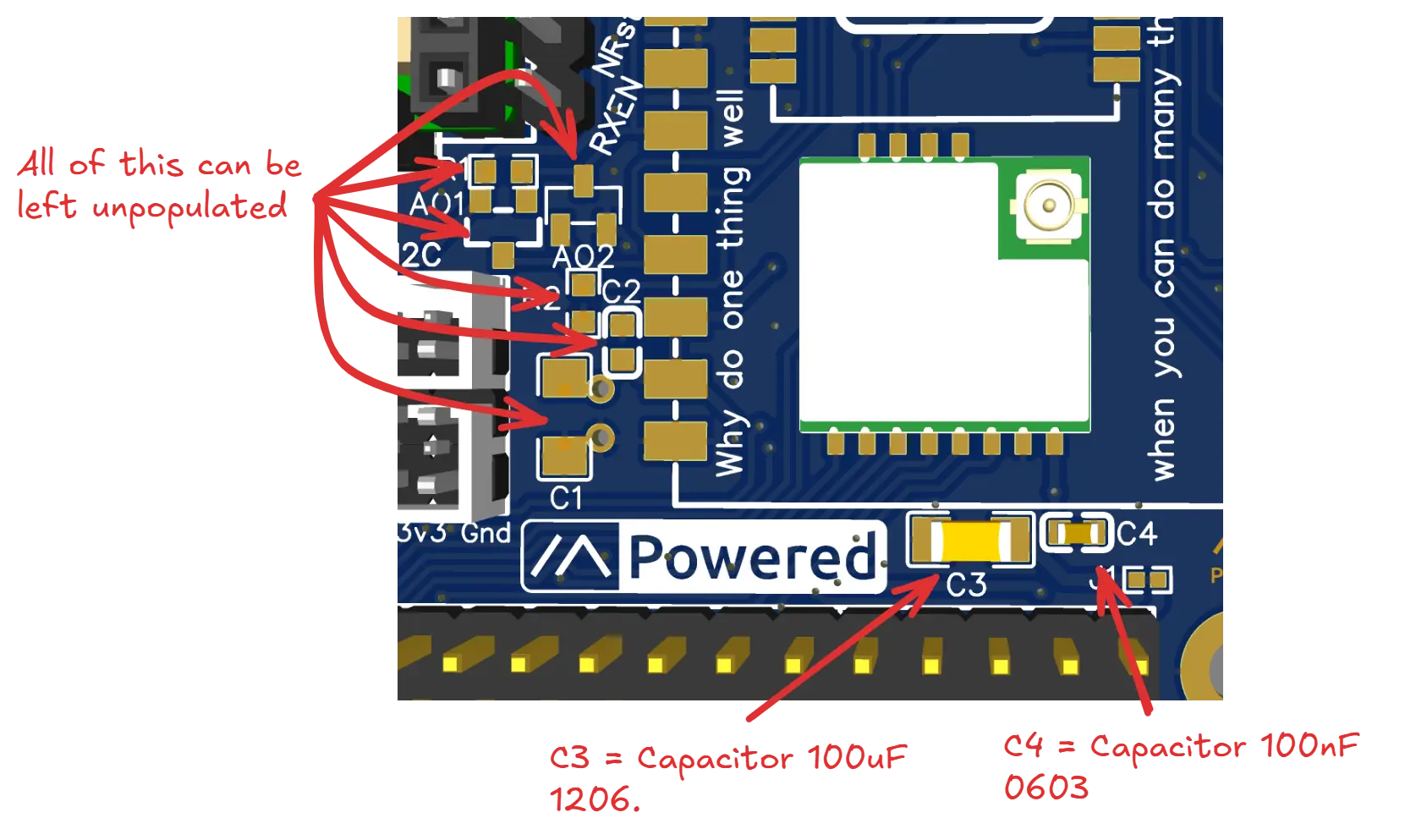 PCB with components highlighted with red arrows