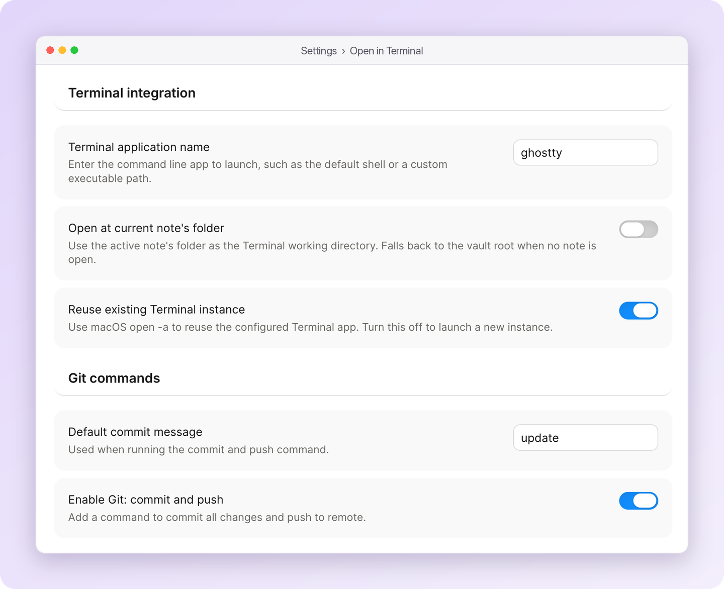 Open in Terminal settings: terminal application name set to ghostty, open at current note's folder, reuse existing terminal instance, default commit message, and Git commit and push