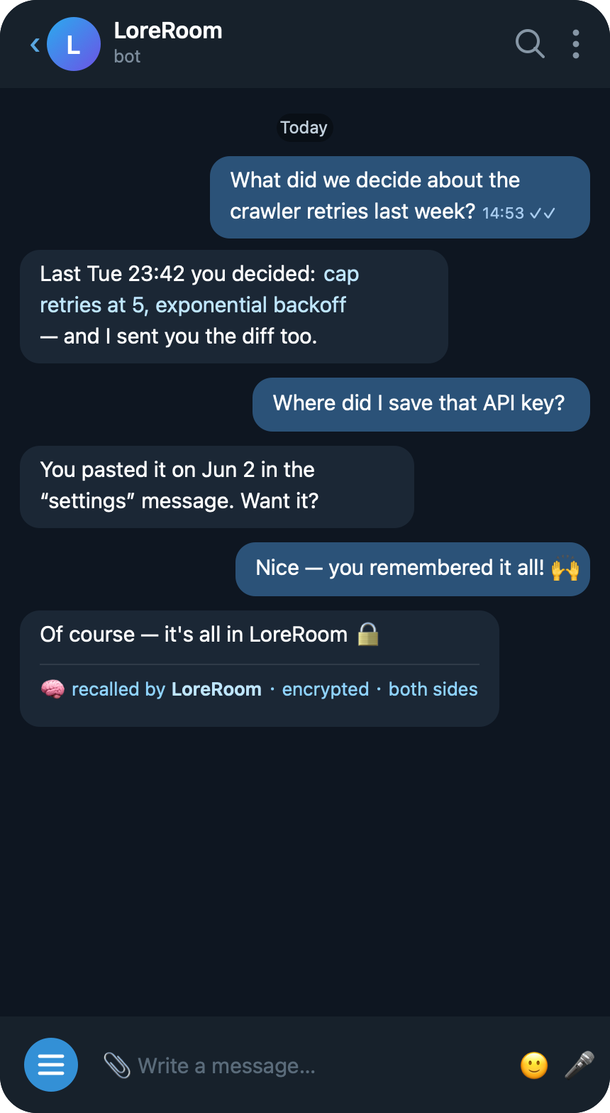 LoreRoom recalling a past Telegram conversation
