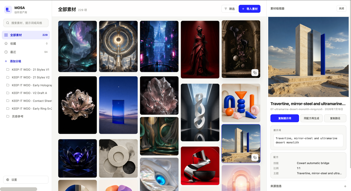 MOSA gallery and asset inspector