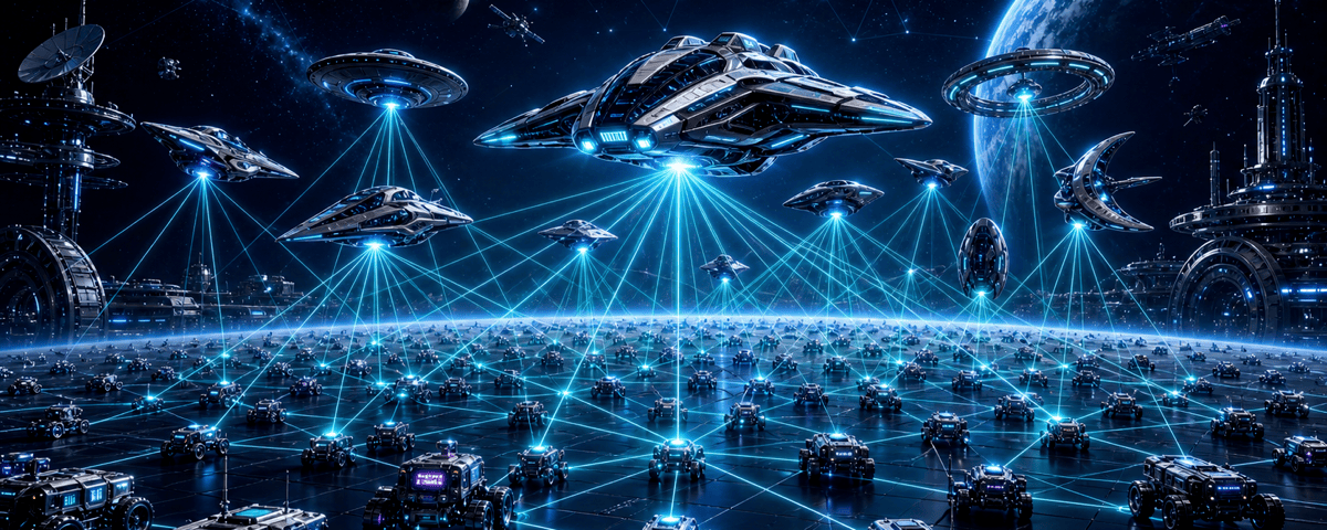 UFO coordinating a fleet of local rovers from orbit