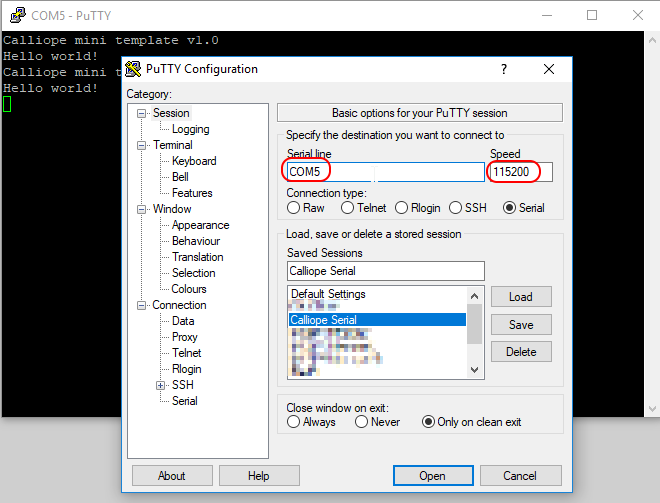 PuTTY serial settings