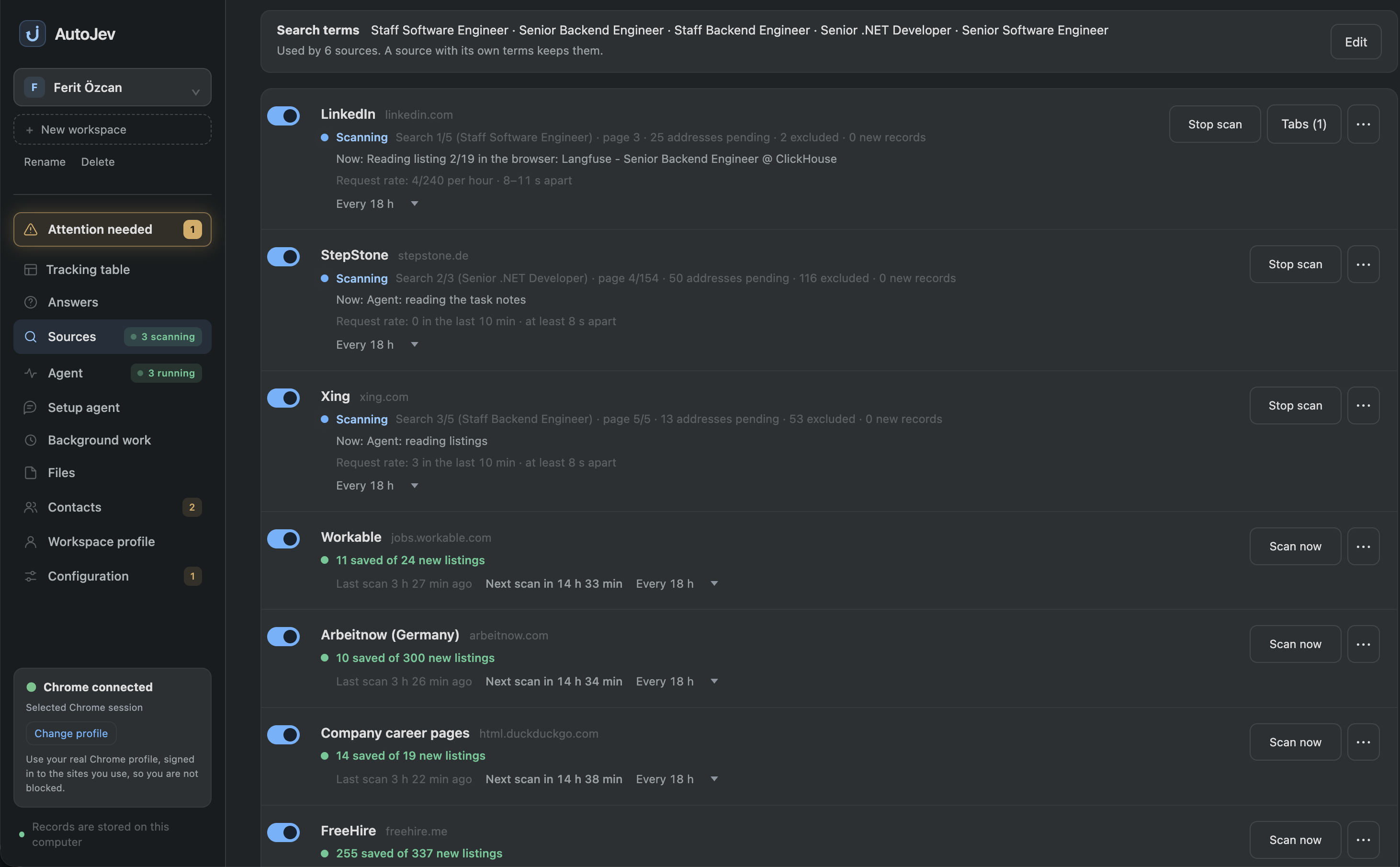 AutoJob sources page: LinkedIn, StepStone and XING scanning, Workable, Arbeitnow, company career pages and FreeHire on a schedule