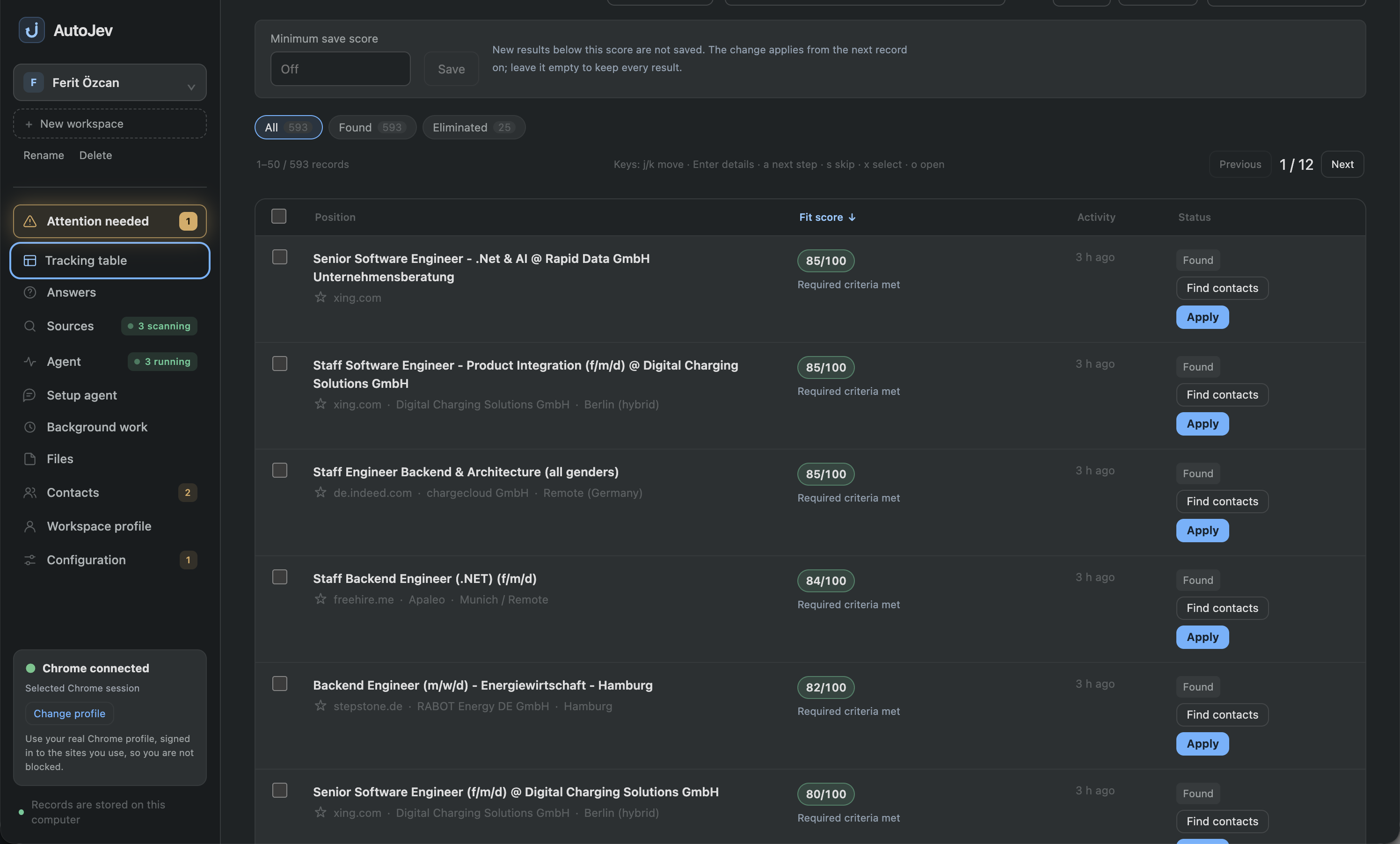 AutoJob tracking table: jobs found on XING, Indeed, StepStone and FreeHire, each with a fit score and Apply and Find contacts buttons