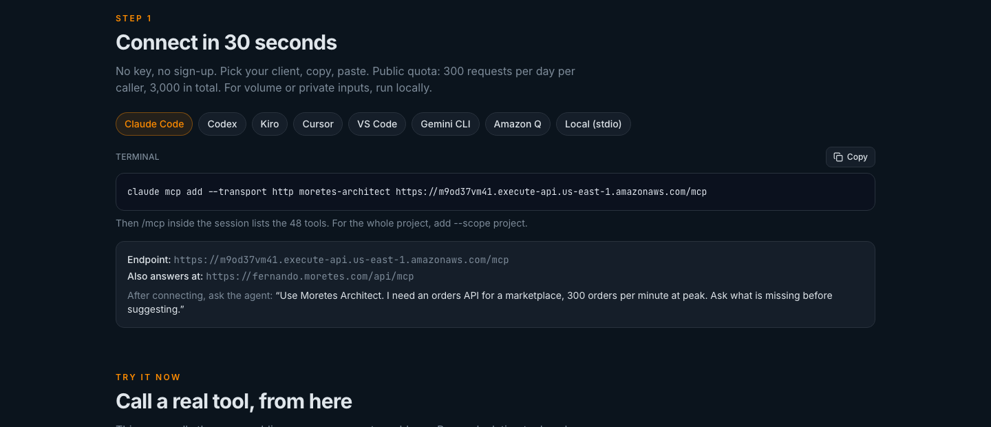 Página fernando.moretes.com/mcp: abas com o comando de cada cliente