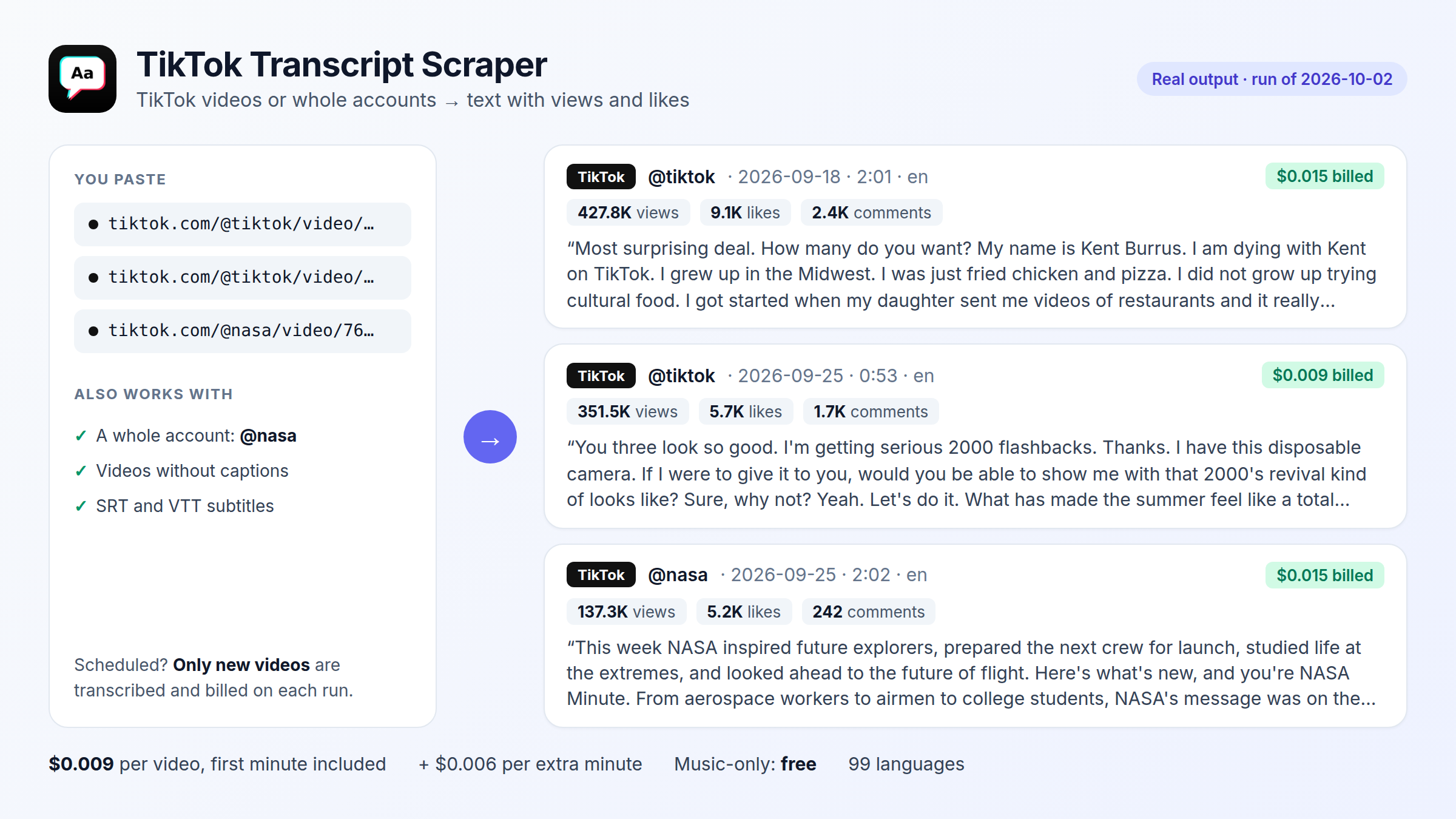 Sample output of the TikTok Transcript Scraper: real results from a cloud run