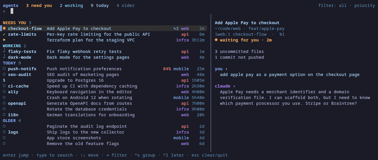 The picker running on made-up sessions. Press prefix a inside tmux to open it.