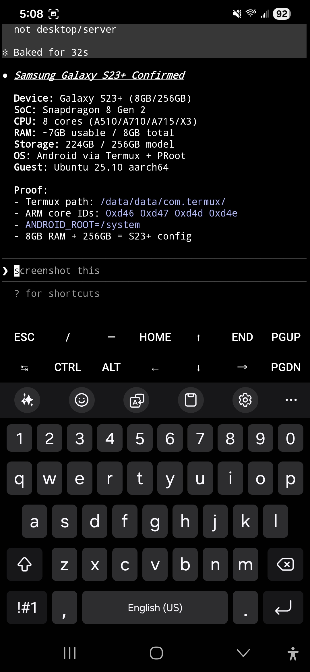 Samsung Galaxy S23+ running Claude Code