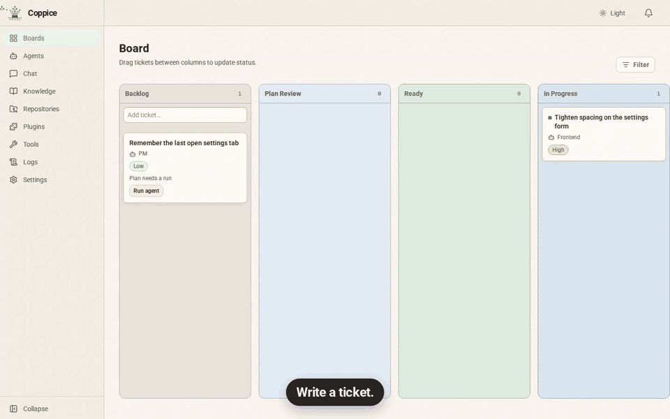 Write a ticket, approve the plan a PM agent drafts, let agents build and test, then comment on the diff. Nothing is done until you accept it.