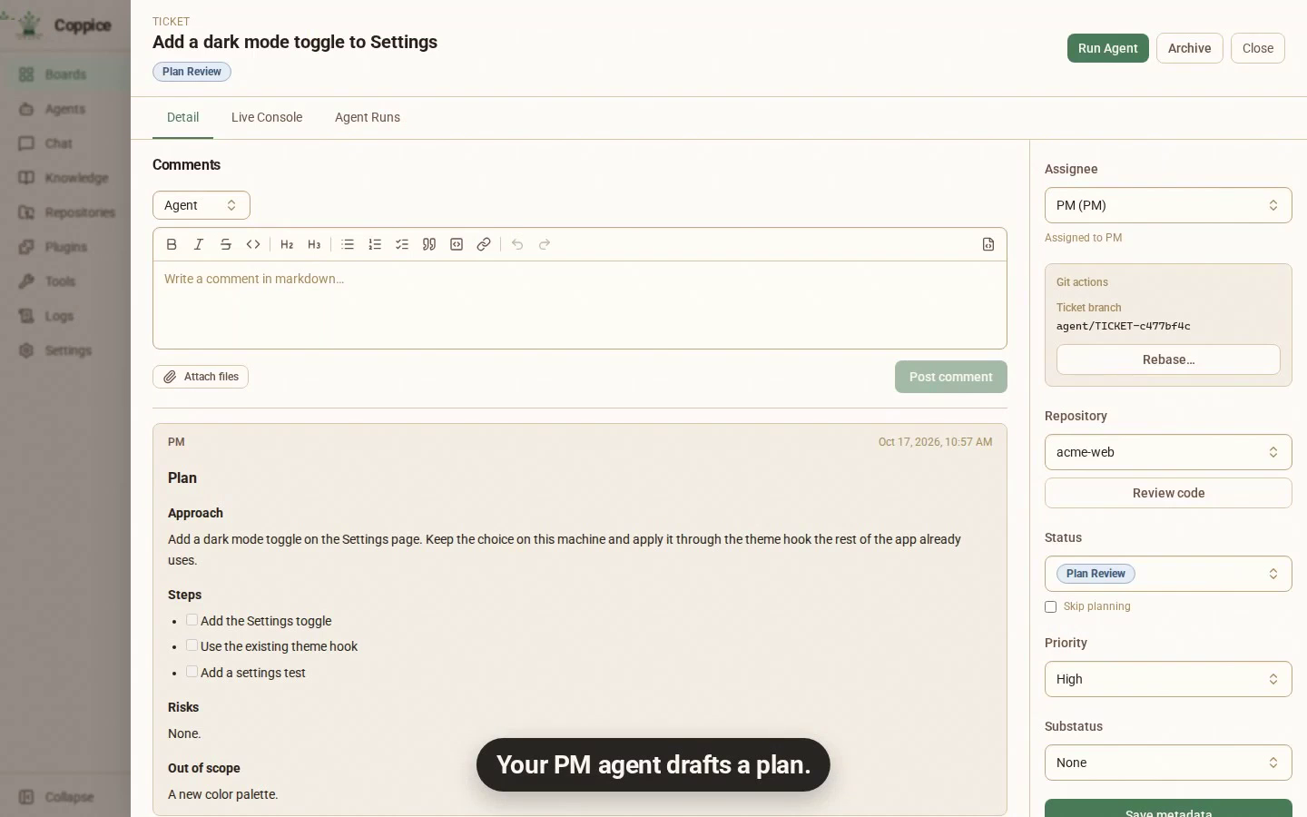 A plan the PM agent drafted on a ticket, with approach, steps, risks and out of scope
