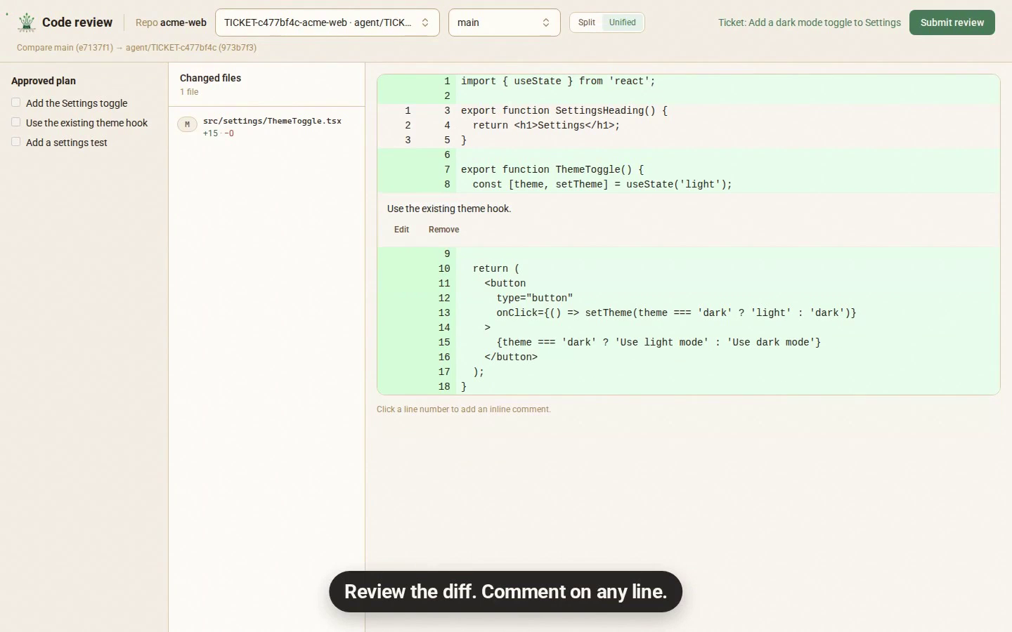 Code review: the approved plan, changed files and the diff with an inline comment
