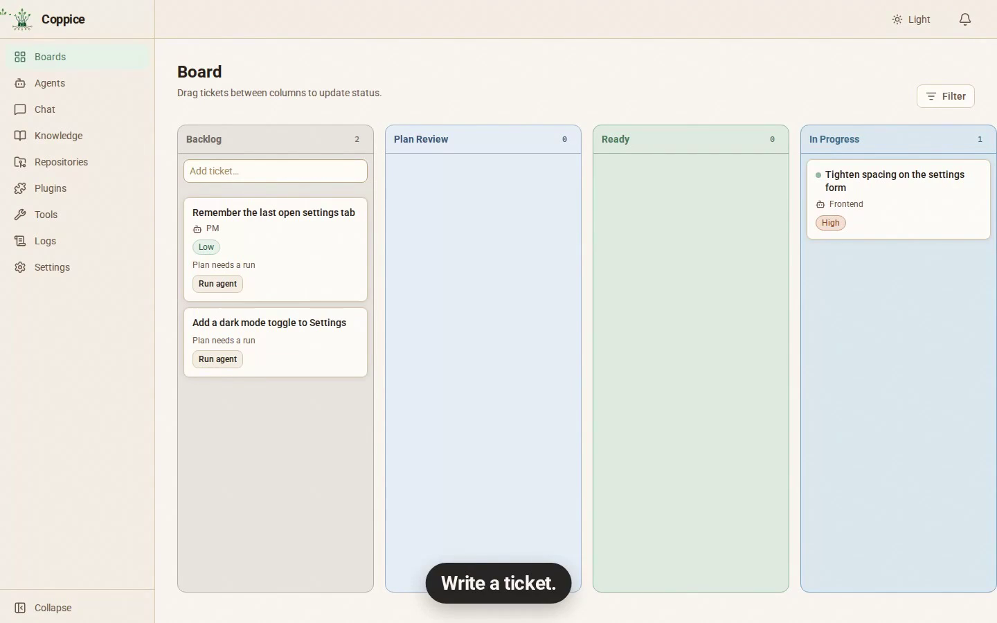The board: Backlog, Plan Review, Ready and In Progress columns with ticket cards