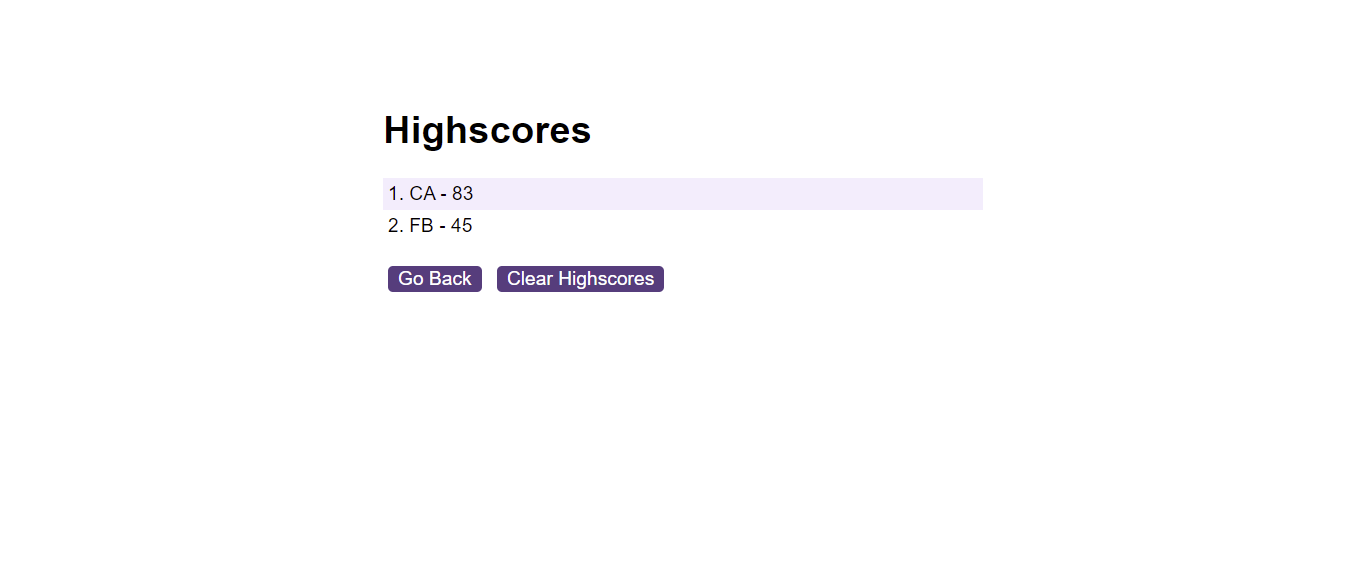 Screenshot of high scores page