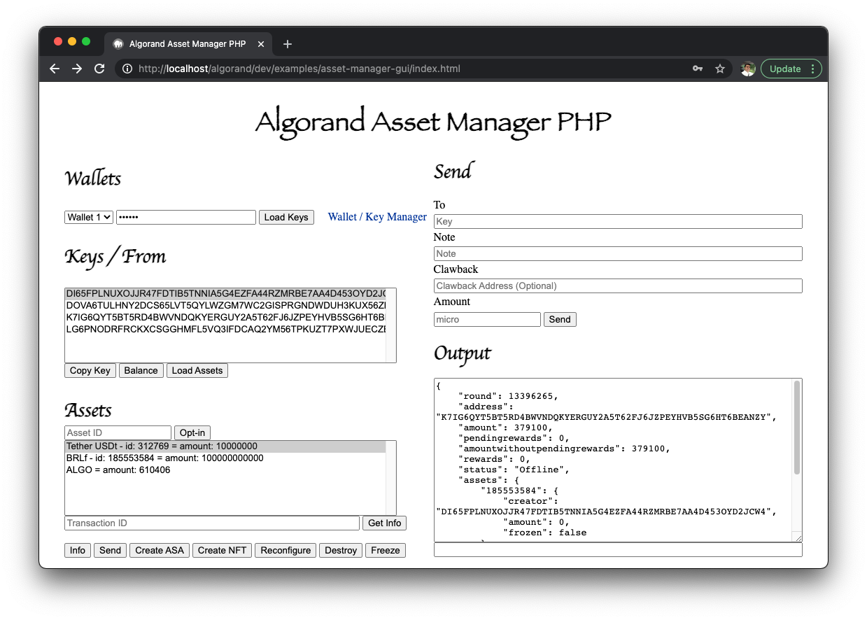 Algorand Asset Manager PHP GUI