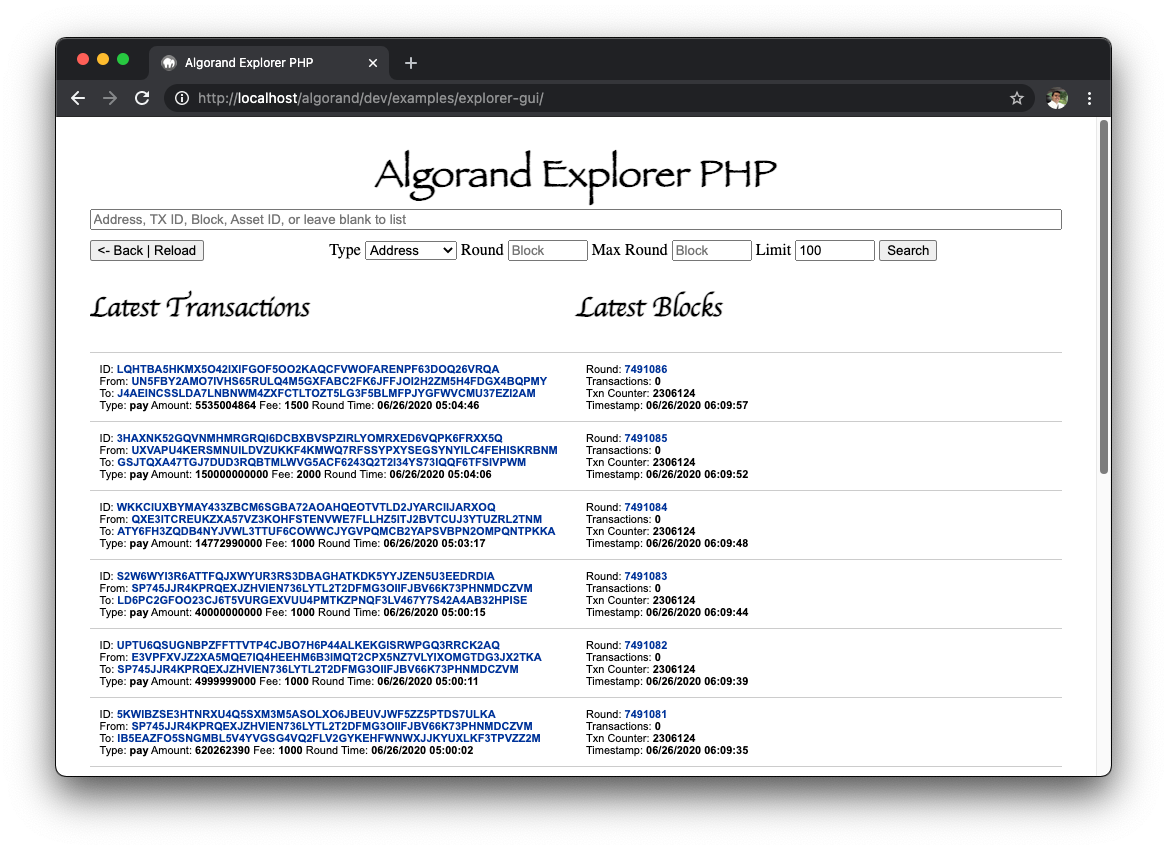 Algorand Explorer PHP GUI