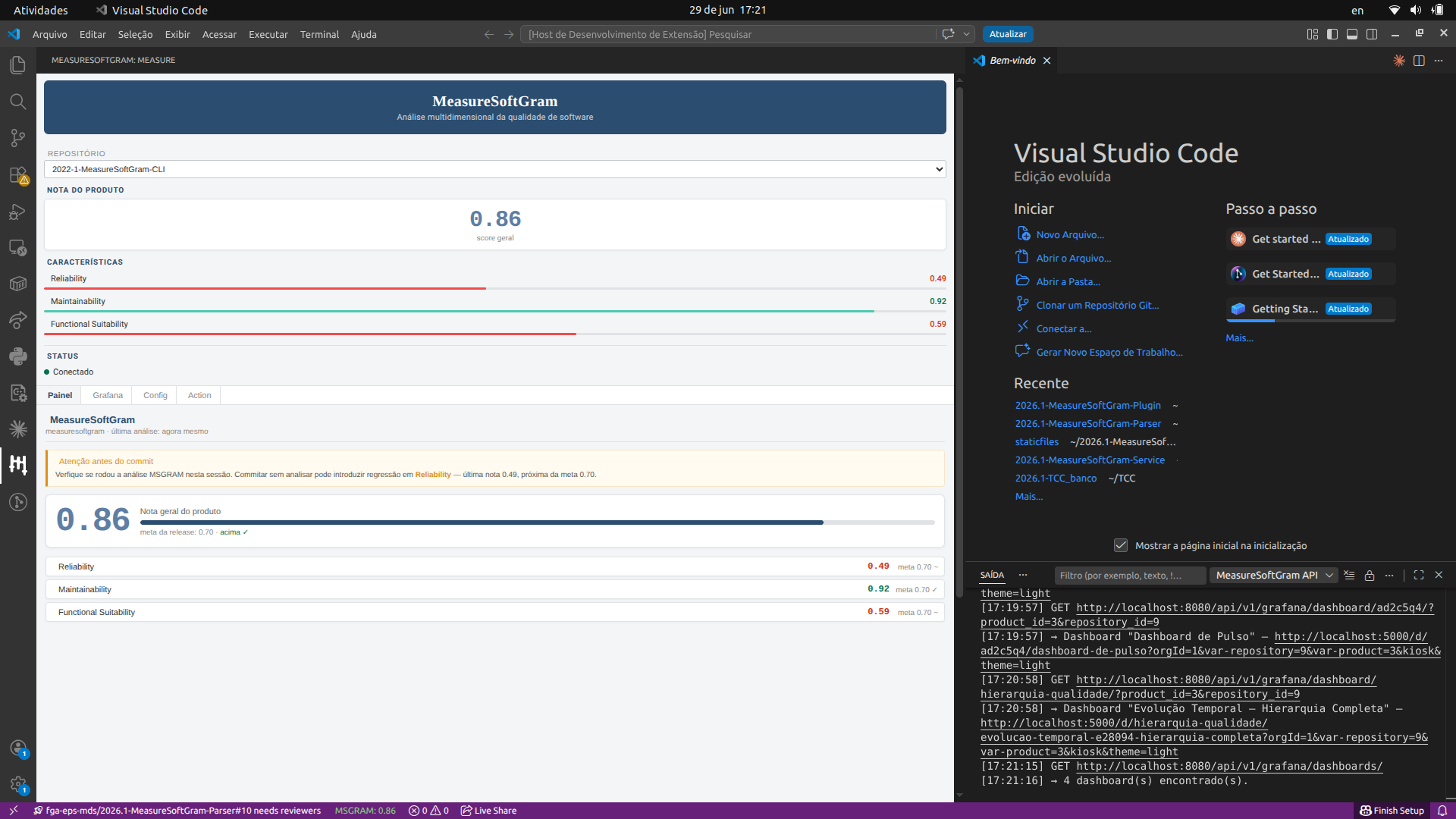 Painel principal do plugin mostrando score 0.86 e características Reliability, Maintainability e Functional Suitability