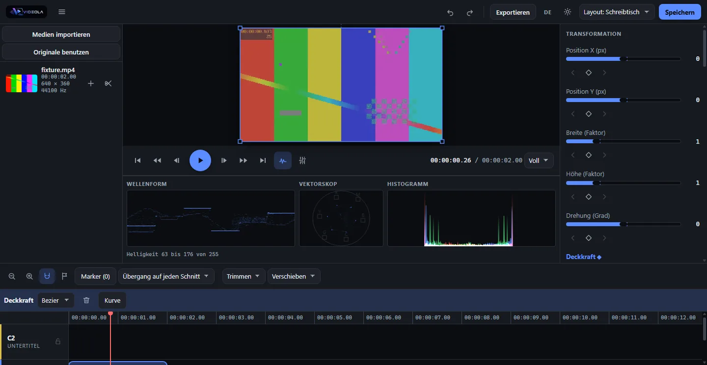 The Videola editor: media library, preview with a decoded frame, properties panel, transport and timeline