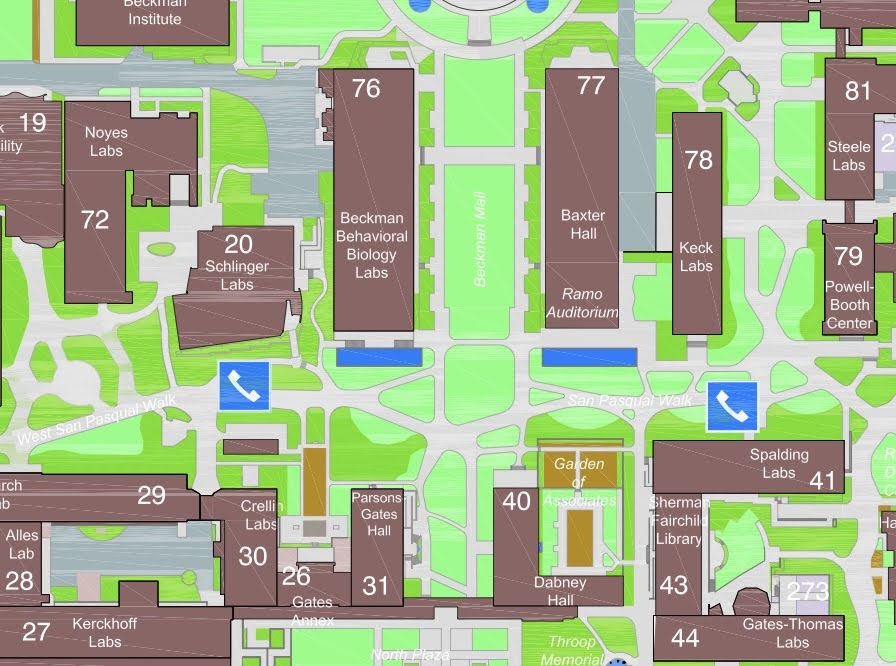 Caltech Campus Map with Dabney Hall (40) and Noyes Laboratory (72) labeled