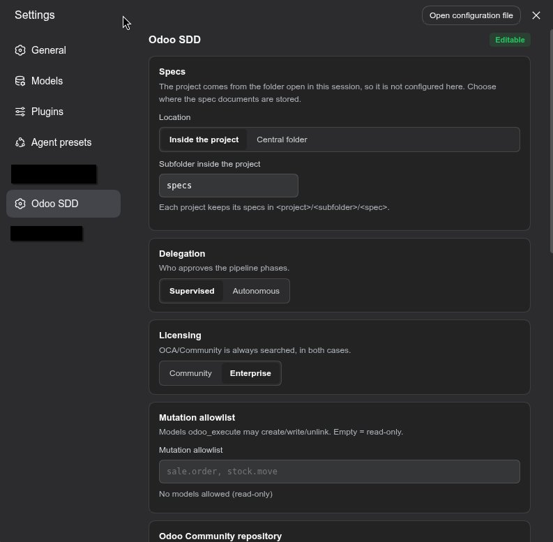 Settings → Odoo SDD: where specs live, who approves the phases, licensing, and the mutation allowlist