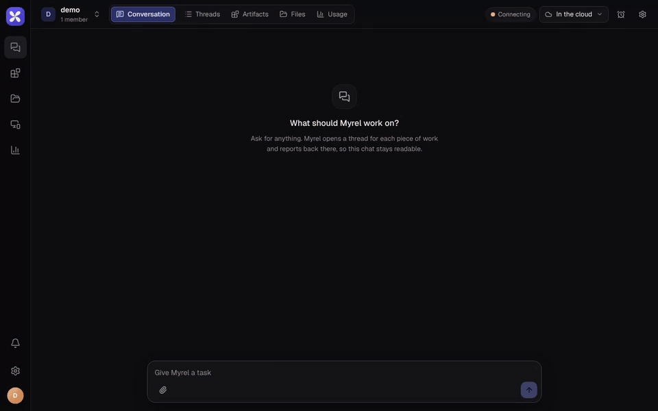 Asking Myrel for a landing page: the coordinator opens a thread, the thread agent plans and builds it in the cloud sandbox, and publishes it as an artifact