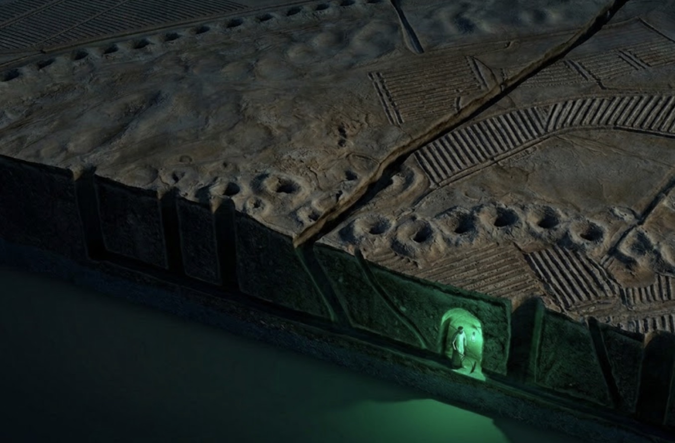 A qanat cut open: shaft mouths and fields on the surface, the tunnel running beneath them, and a man walking it