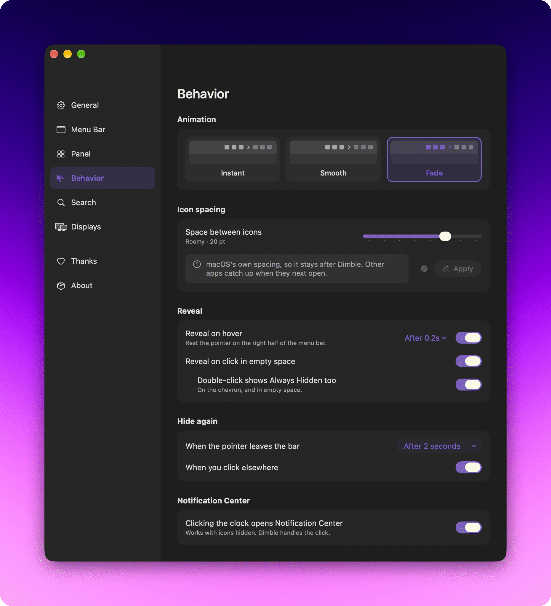 Behavior pane: Instant, Smooth and Fade animation cards with a live preview, the icon spacing slider with its Apply button, Reveal on hover with a delay menu, reveal on click in empty space and double-click for Always Hidden, Hide again after a delay you pick or when you click elsewhere, and the Notification Center clock click