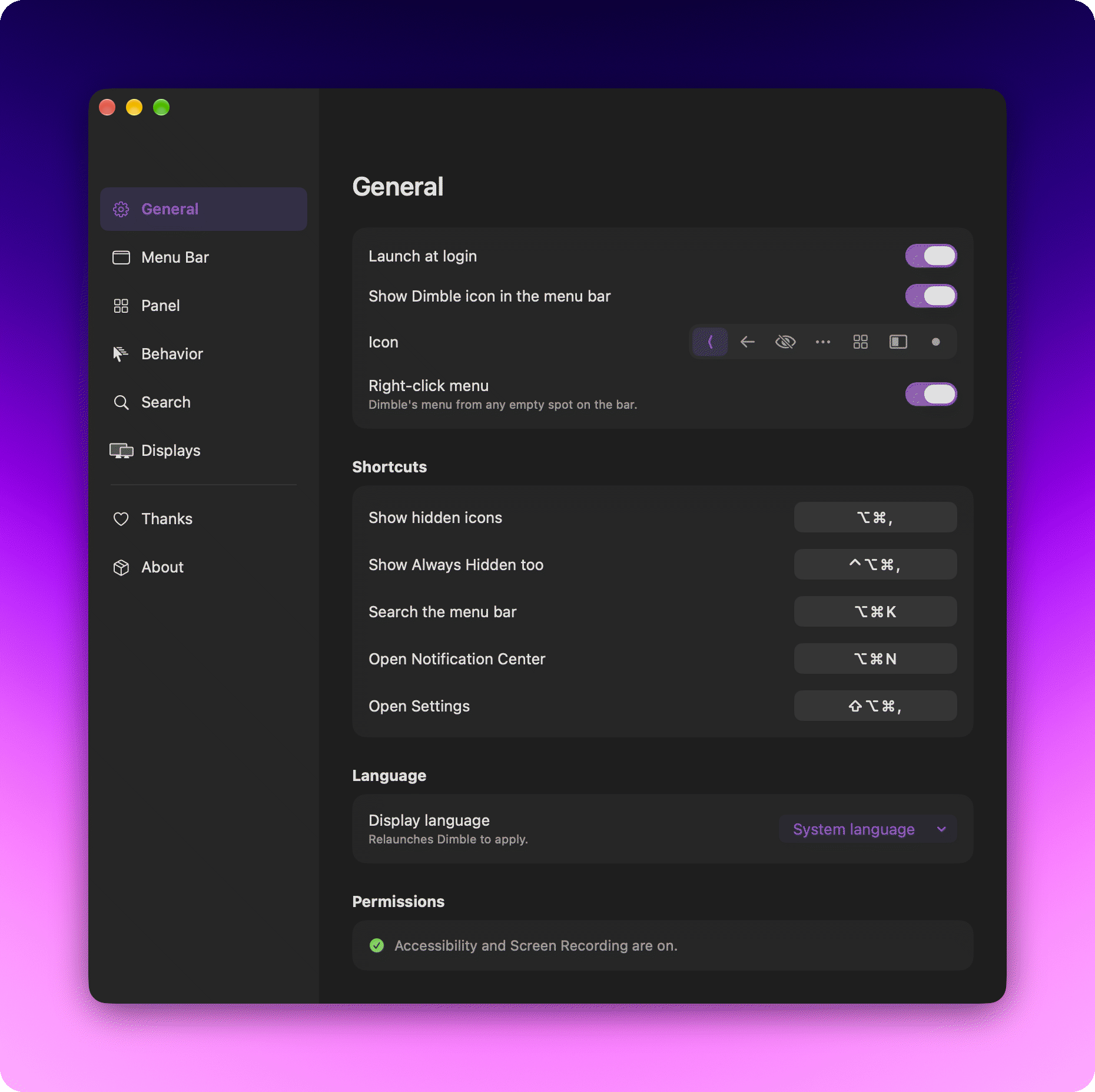 General settings: launch at login, the menu bar icon toggle with six icon styles, display language picker, Accessibility and Screen Recording permission status